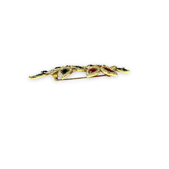 Monet Gold Tone Red Crystal Flower Leaves Brooch Vintage 3 3/4” x 1 1/2” - Picture 4 of 9